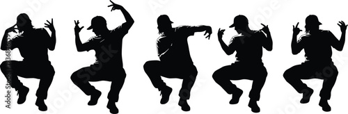 Set of black hip hop dancer silhouettes in urban streetwear and caps performing expressive breakdance moves isolated on white background