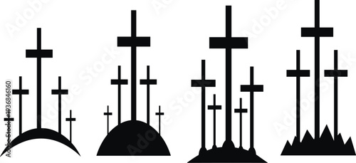 Four black silhouette scenes of Christian crosses on varied ground christianity religion
