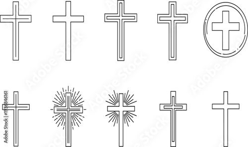 Collection of ten black line Christian crosses with varied and a circular emblem religion symbol black and white