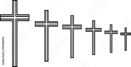 Six black and white outlined crosses of varying sizes arranged horizontally religious symbol christian