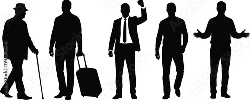 Set of Professional Male Silhouettes Including Senior Man with Walking Stick Traveler with Suitcase Successful Businessman Celebrating and Casual Men Gesturing on White Background
