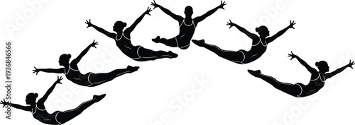 Set of Rhythmic Gymnastics Silhouettes Featuring Young Women Performing Graceful Leaps and Mid Air Poses for Athletic Excellence Wellness and Competitive Sports Design Concepts