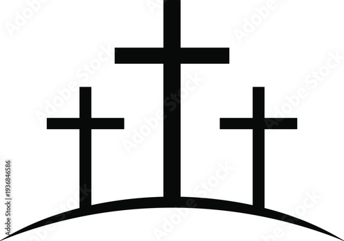 Three black crosses on a curved black line against a white background