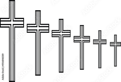 Six black and white stylized crosses of decreasing size arranged horizontally on a white background religious symbol