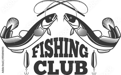 Fishing club logo. Fish catch black emblem