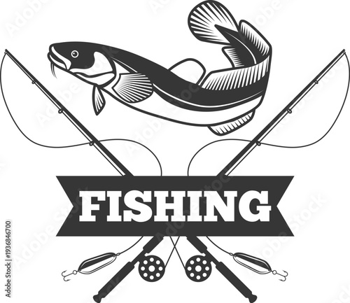 Angler fishing black icon. Crossed rods emblem