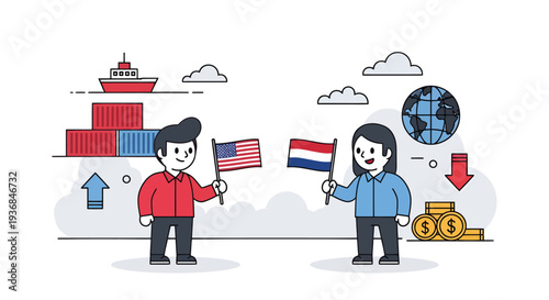 International Trade and Commerce Illustration with Flags and Currency
