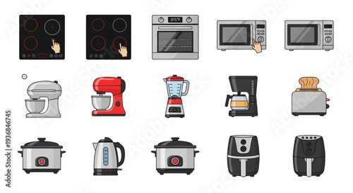 Collection of Modern Kitchen Appliances and Cooking Gadgets.