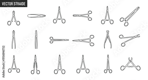 Hand-drawn style vector illustration set of various surgical and medical instruments.