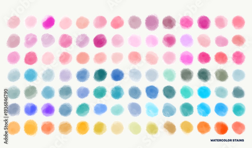 A versatile vector set of 98 watercolor stain elements in soft pastel and muted tones—including pink, blue, teal, green, yellow, and orange.  Perfect for overlays, textile design, packaging