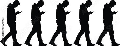 Silhouette sequence of a young man walking while staring at a smartphone showcasing digital addiction, mobile technology usage, and modern lifestyle