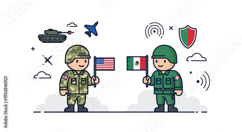 Military and diplomatic collaboration between soldiers with national flags