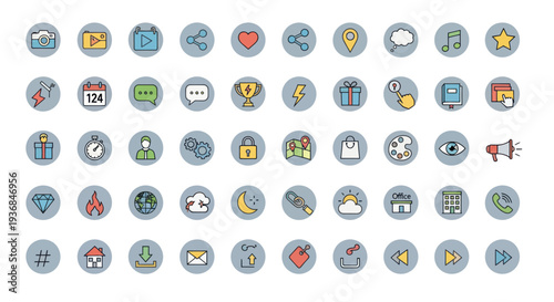 Collection of Hand-Drawn Circular Icons Representing Various Concepts.