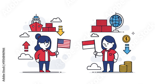 Businesswomen with flags representing international trade and investment