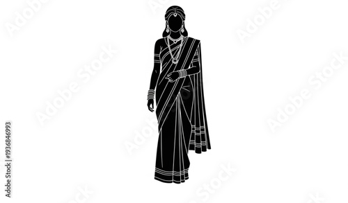Black Silhouette of Indian Woman in Traditional Sari Elegant Cultural Vector Isolated on White Background