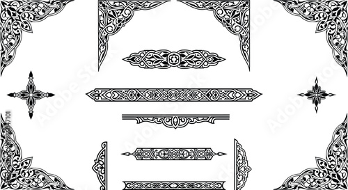 Ornamental Border and Corner Frame Set — Black Vintage Floral Vector Decoration Elements for Wedding, Certificate and Luxury Design