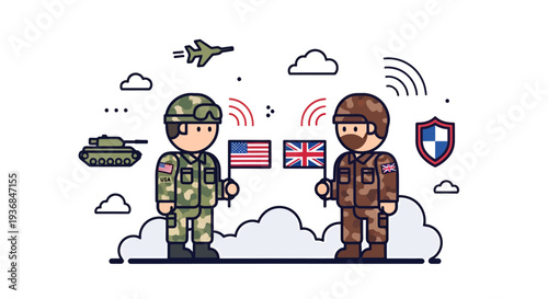 Military personnel communication with international flags and aircraft