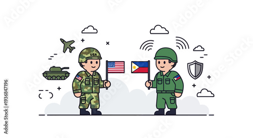 Military soldiers exchanging flags in a digital illustration