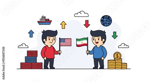 International Business Exchange Illustration with Children and Flags