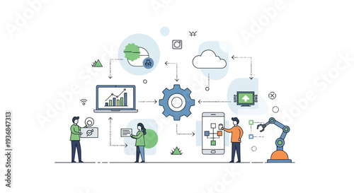 Business process automation concept with people data analytics cloud technology and robotics.