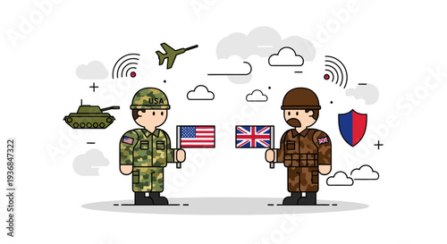 Military Personnel Discussing International Relations with Flags