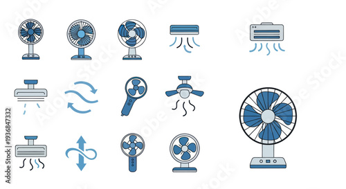Set of Cooling Device Icons: Fans and Air Conditioners.
