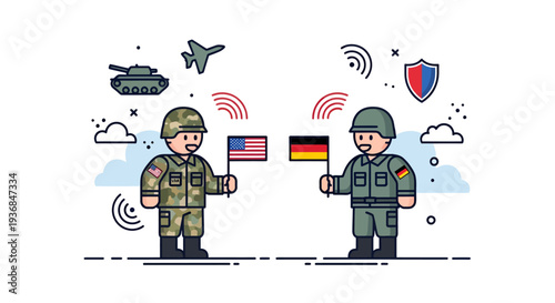 Military Personnel Discussing Cooperation with Flags and Symbols