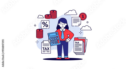 Businesswoman Managing Taxes and Financial Documents Illustration