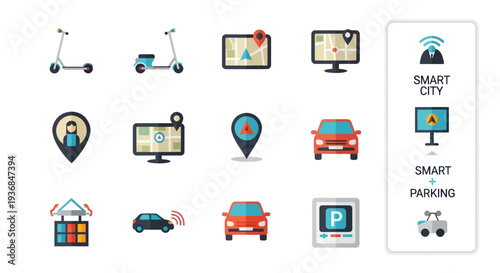 Smart City and Smart Parking Technology Icons Collection.