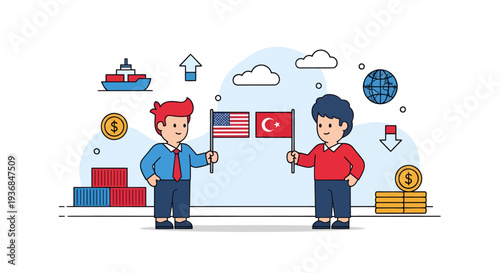 Business Partners Shaking Hands With Flags and Growth Icons
