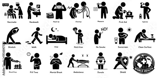 世界保健デーと健康習慣を表す医療ピクトグラムアイコンセット、World Health Day and Healthy Habit Medical Pictogram Icon Set