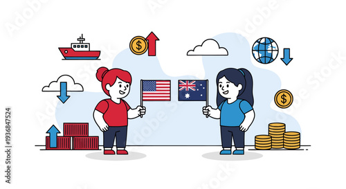 Business Exchange Between Two Women with Flags and Financial Icons