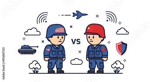 Cartoon Soldiers Facing Off with Military Equipment and Symbols
