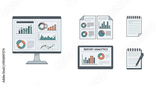 Business Analytics Dashboard on Computer Screen with Reports and Notebooks.