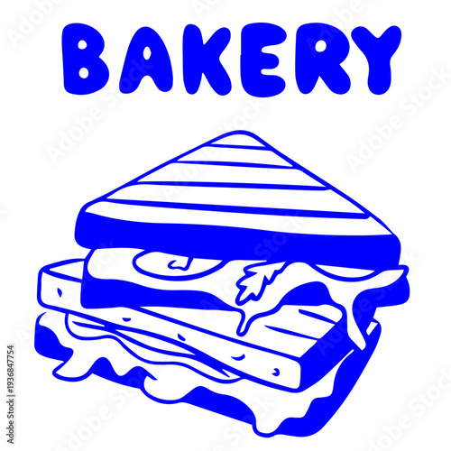Bakery doodle illustration with layered sandwich toast, blue hand drawn doodle style bakery concept
