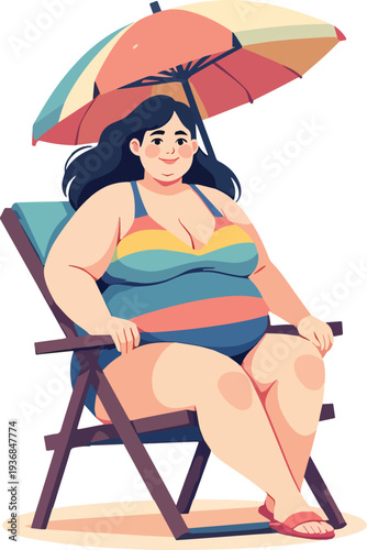 donna seduta su sedia al mare in spiaggia con ombrellone che prende il sole in costume da bagno vettoriale