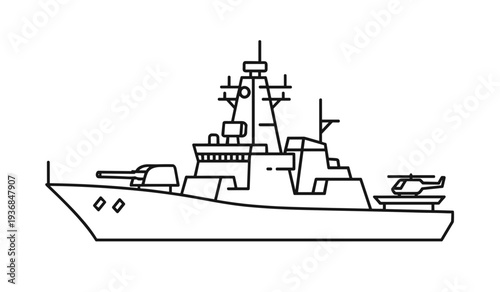 Naval battleship outline drawing in black and white  