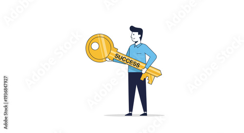 Man Holding Oversized Golden Key with Success Inscription.