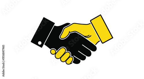 A simple yet powerful black and yellow handshake icon depicting two hands clasped firmly together, symbolizing agreement, partnership, deal, trust, and successful collaboration between parties.