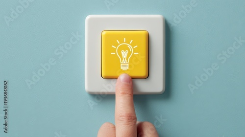 A person's finger gently activates a vibrant yellow lightbulb symbol button mounted on a light blue wall, representing the emergence of a new idea.