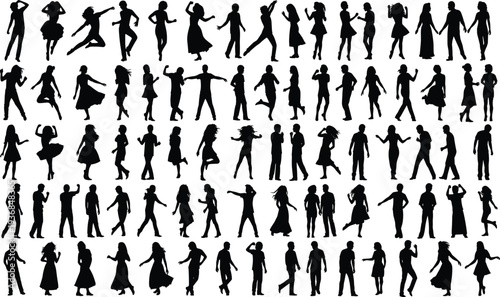 Collection of human silhouettes in dynamic poses, featuring dancing, walking, standing, and gesturing figures, representing expressive movement, diversity, and artistic design