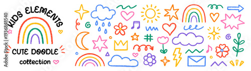 Crayon cute kids elements, chalk pencil preschool kindergarten doodle icons set. Hand drawn daycare and children drawings, childish scribble rainbow, stars, flower, crown in sketch style