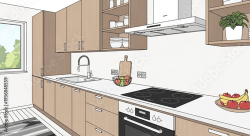 Modern Kitchen Interior with Wooden Cabinets and White Countertops.