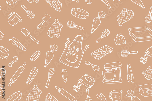 Seamless vector illustration featuring a variety of baking tools, including whisks, rolling pins, oven mitts, and mixing bowls. Perfect for kitchen-themed designs and culinary projects