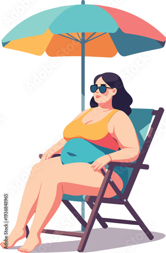 donna seduta su sedia al mare in spiaggia con ombrellone che prende il sole in costume da bagno vettoriale