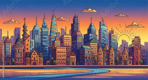 Colorful Digital Illustration of a Modern City Skyline.