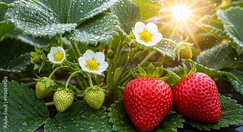 White Delicate Flowers with Fresh Red Strawberries and Green Leaves