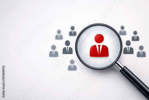 Magnifying glass focusing on red person icon among grey figures, symbolizing recruitment or search for talent