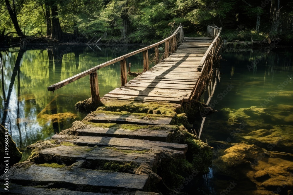 Obraz premium Rustic wooden bridge connecting lush forest shores over clear water with reflections