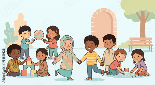 A smiling group of school children and a happy family including a mother and father enjoy fun childhood playing and friendship in this colorful cartoon vector illustration